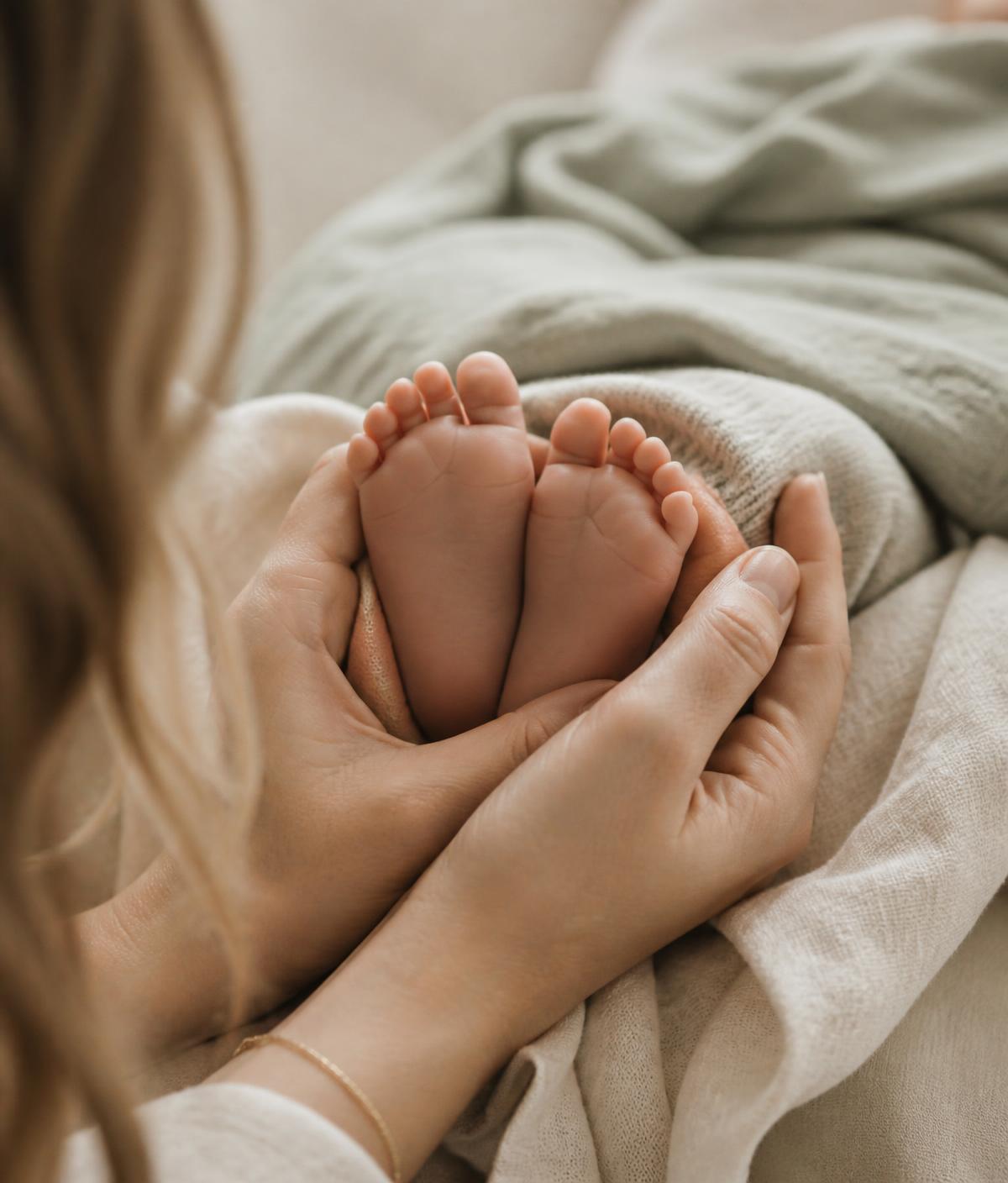 Manos sosteniendo los pies de un recién nacido